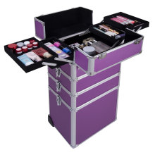 Purple trolley cosmetic case with tray rolling aluminum customized color beauty makeup organizer barber portable hairdress case